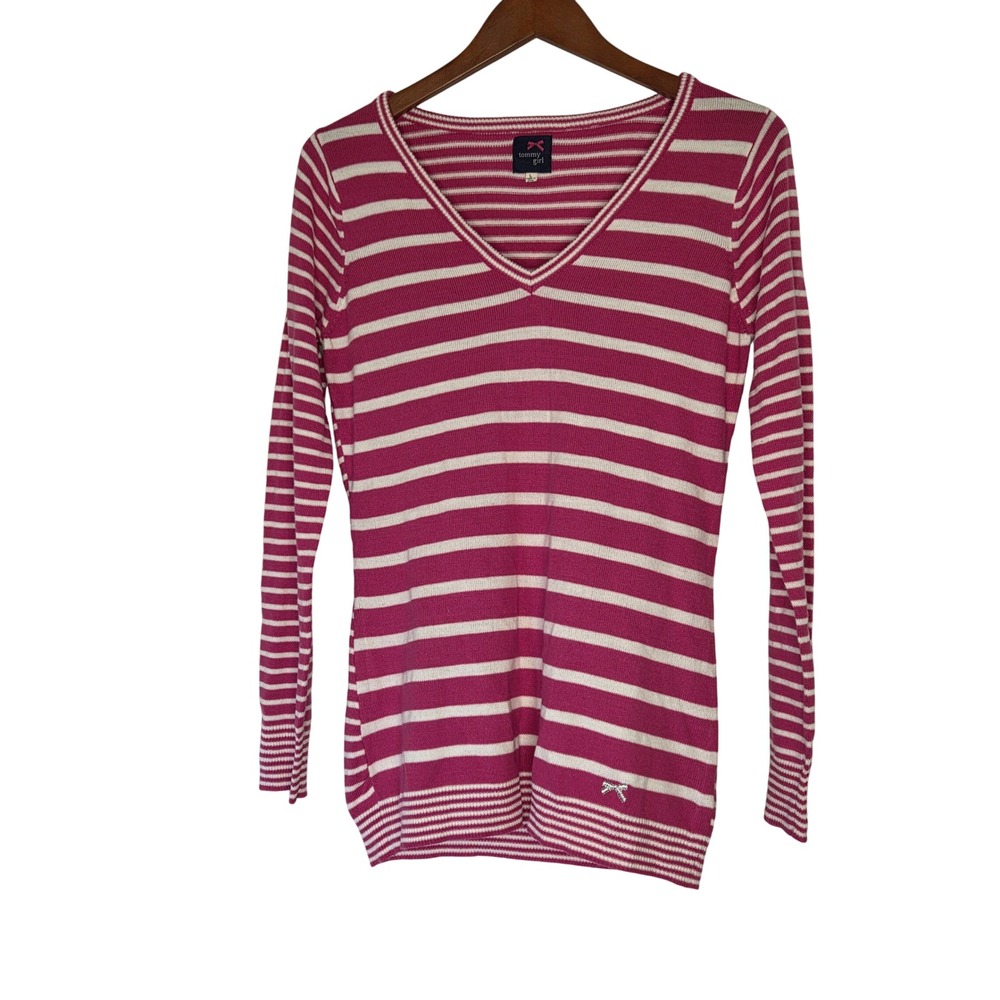 Tommy Girl Womens V-Neck Striped Knit Sweater Top, Pink &‎ White, L/s large